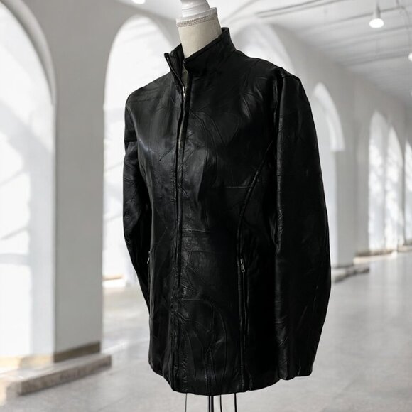 Vintage Cellini Long Full Grain Black Patchwork Leather Matrix Jacket Size XL - Picture 2 of 13